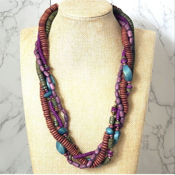 TWISTED WOODED BEAD Multi-Strand Necklace Muted Jewel Tones - Picture 1 of 9